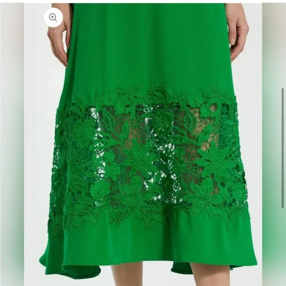 NWOT Mac Duggal Green Crepe Boat Neck Midi Dress With Applique Cut Out Size L - Picture 4 of 13